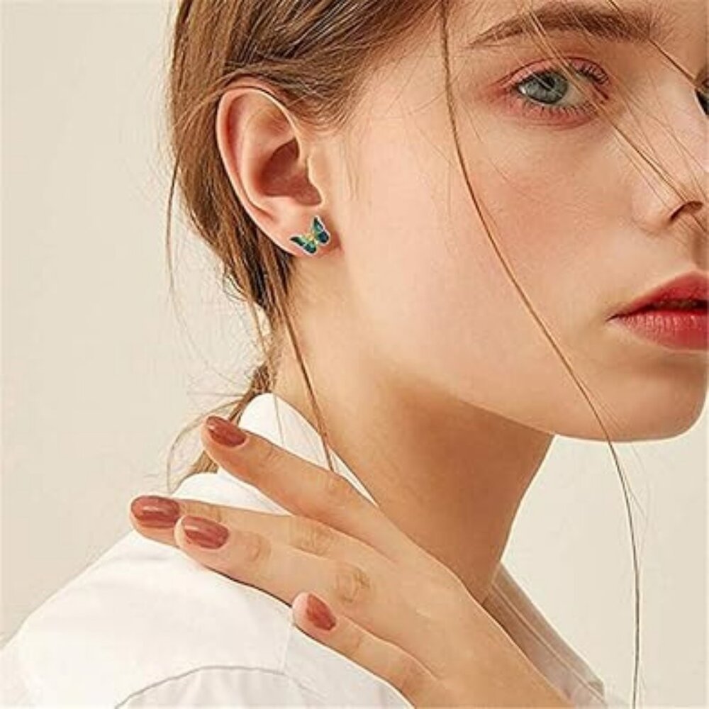 Blue Monarch Butterfly Stud Earrings Cute Crystal Insect Stud Earring Enamel